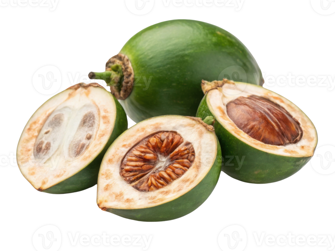 Fresh green fruit with sliced sections revealing seeds, showcasing unique texture and color. This fruit is often used in various culinary dishes png