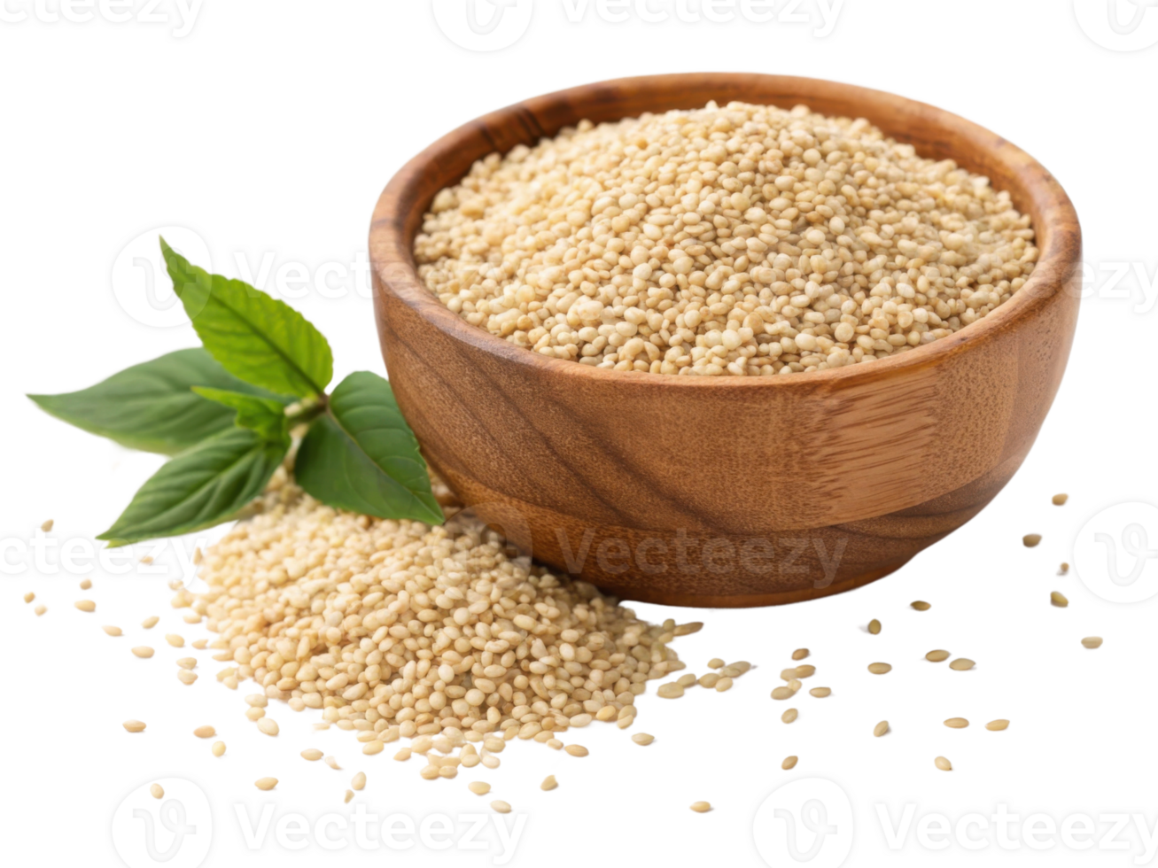 wooden bowl filled with sesame seeds, surrounded by scattered seeds and green leaves, showcasing natural and healthy ingredient png