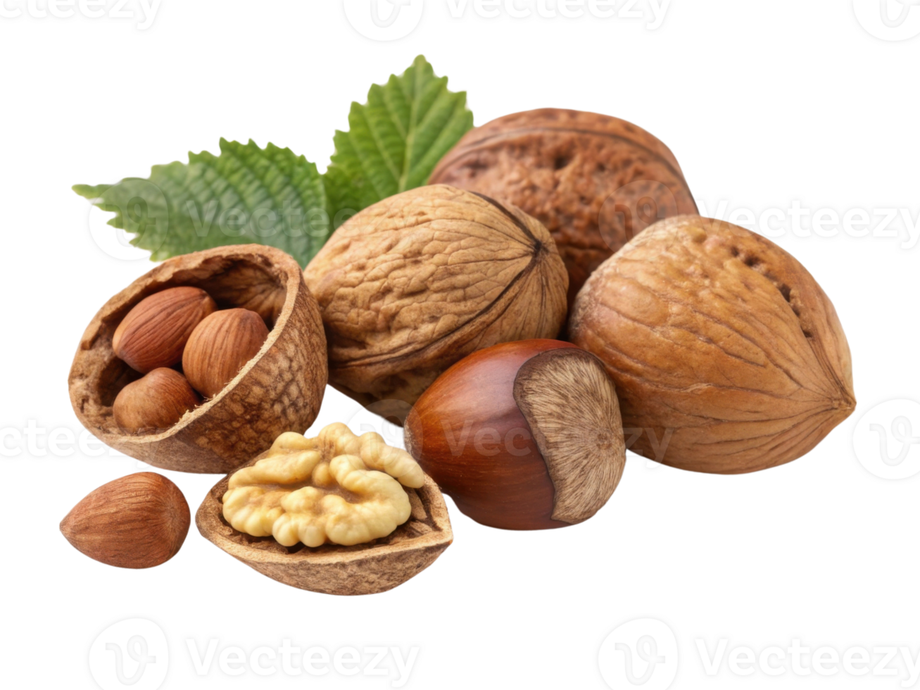 variety of nuts including walnuts, hazelnuts, and almonds, arranged with green leaves, showcasing their natural textures and colors png