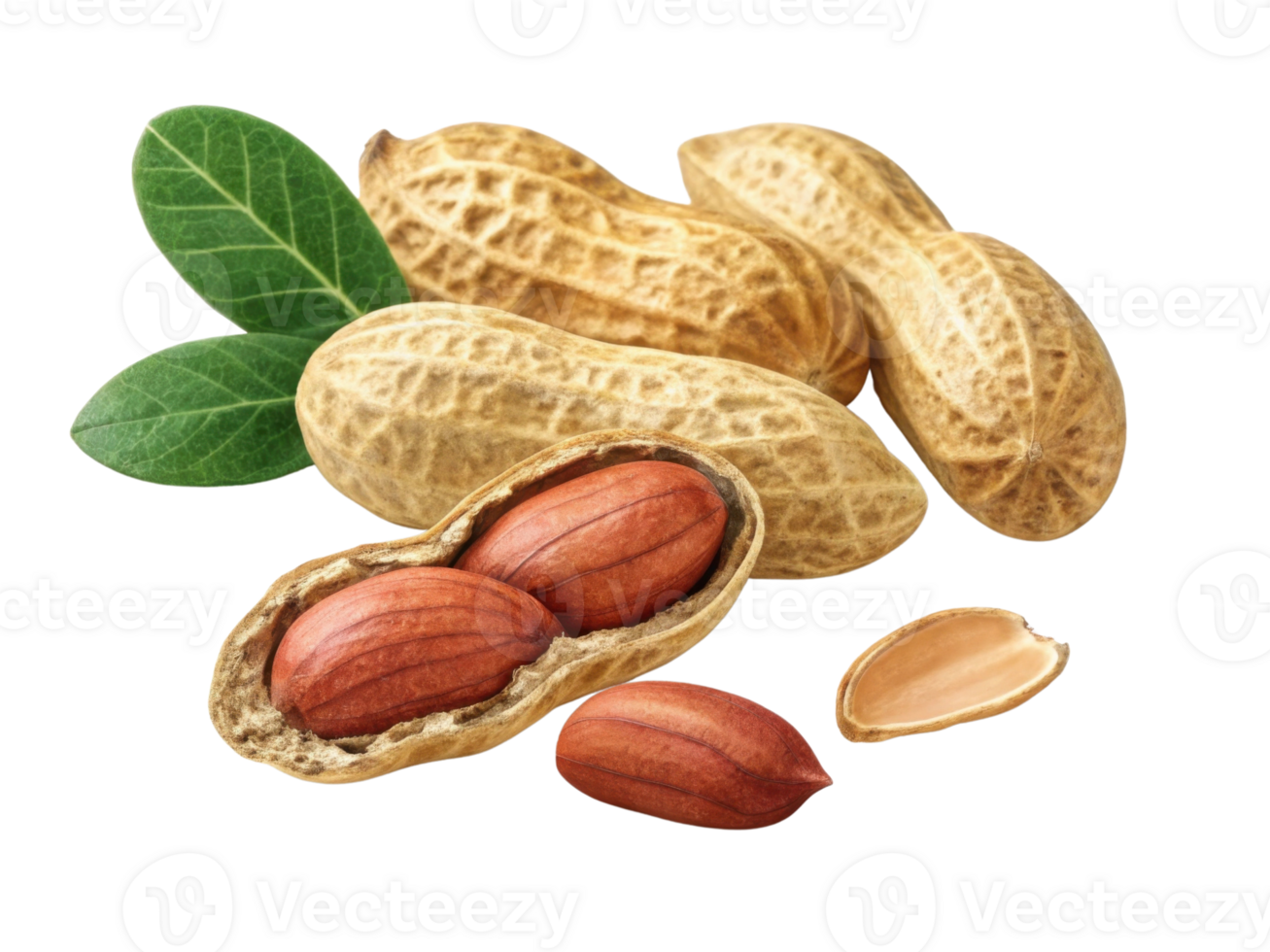 Peanuts in their shells with some opened to reveal nuts inside, accompanied by green leaves, create natural and wholesome feel png