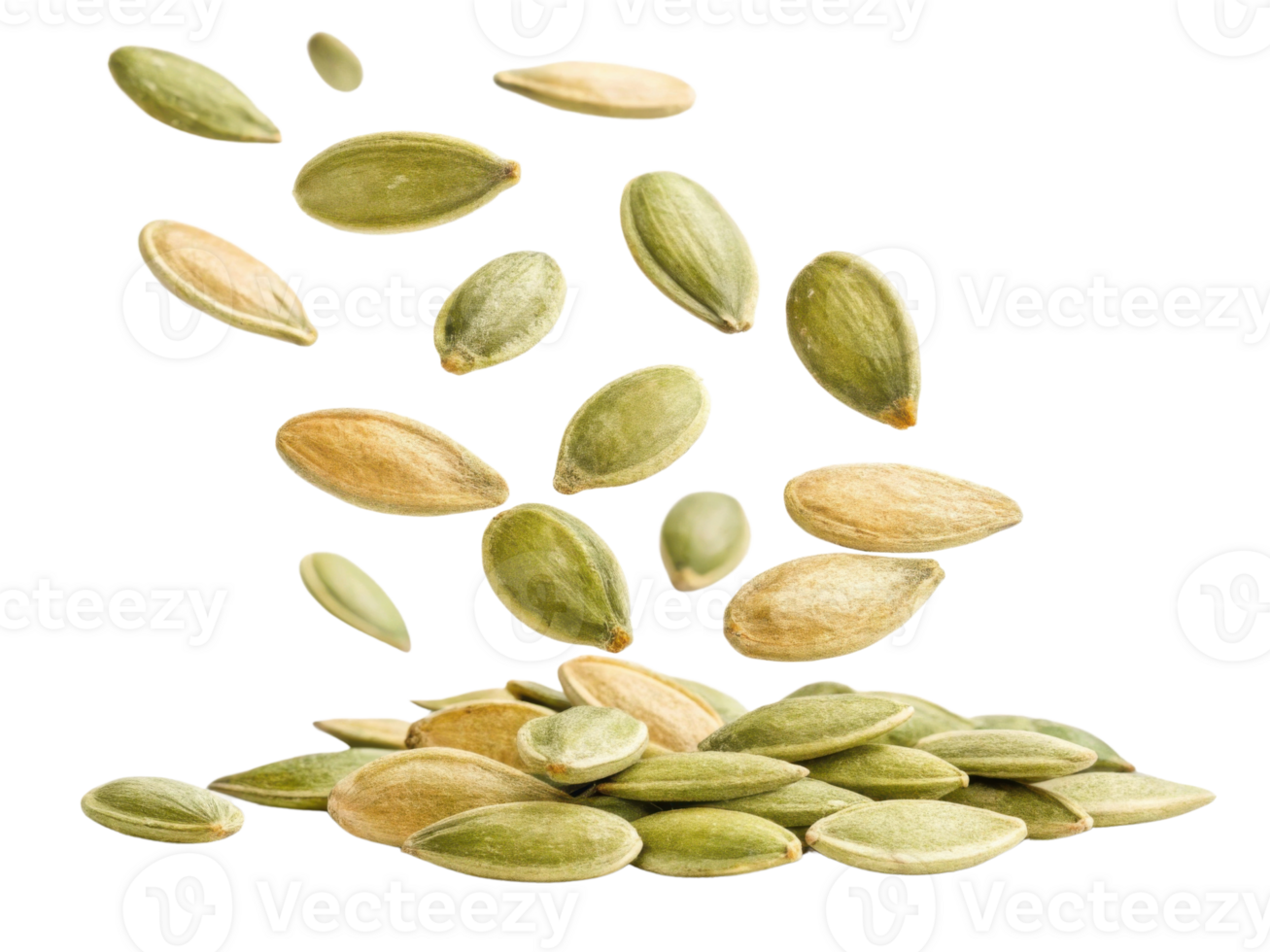 Pumpkin seeds falling in dynamic arrangement, showcasing their green and beige colors, perfect for healthy snacking and cooking png