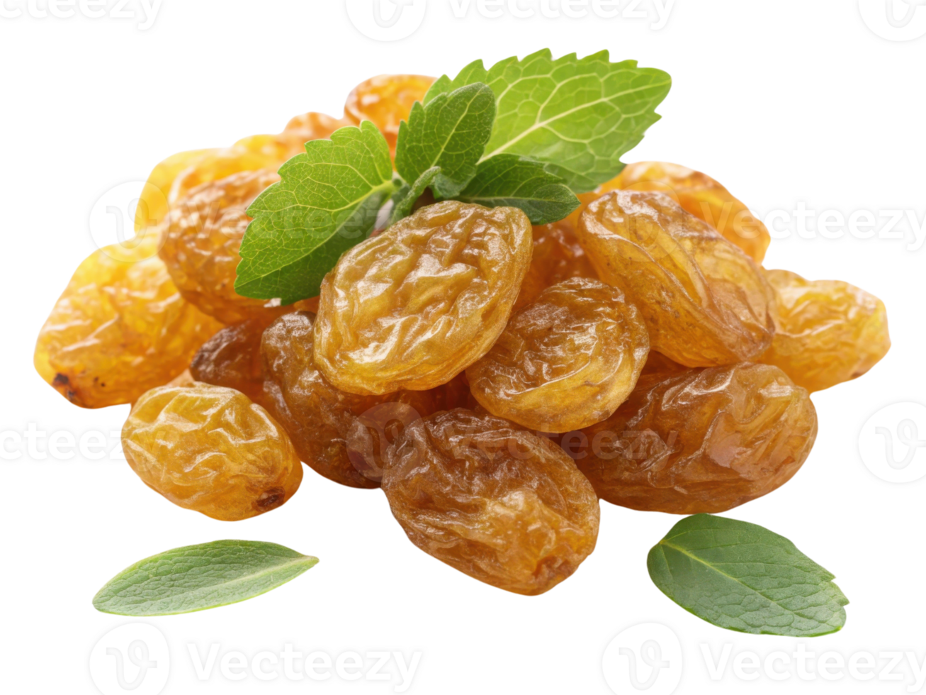 Dried golden raisins with fresh mint leaves create vibrant and healthy snack option, perfect for adding flavor to dishes png