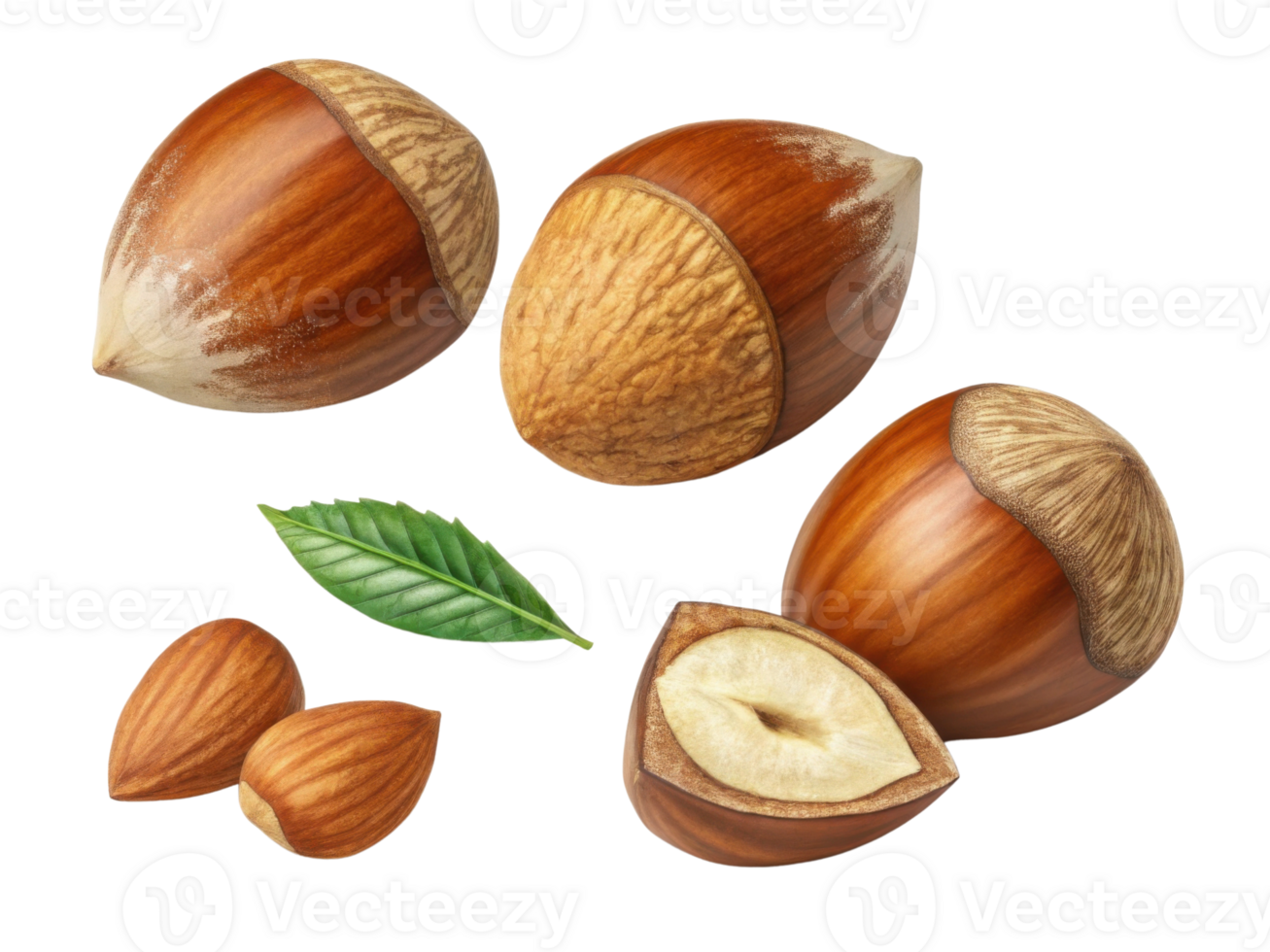 collection of hazelnuts, showcasing their smooth, brown shells and green leaf, evoking sense of natural freshness and health png