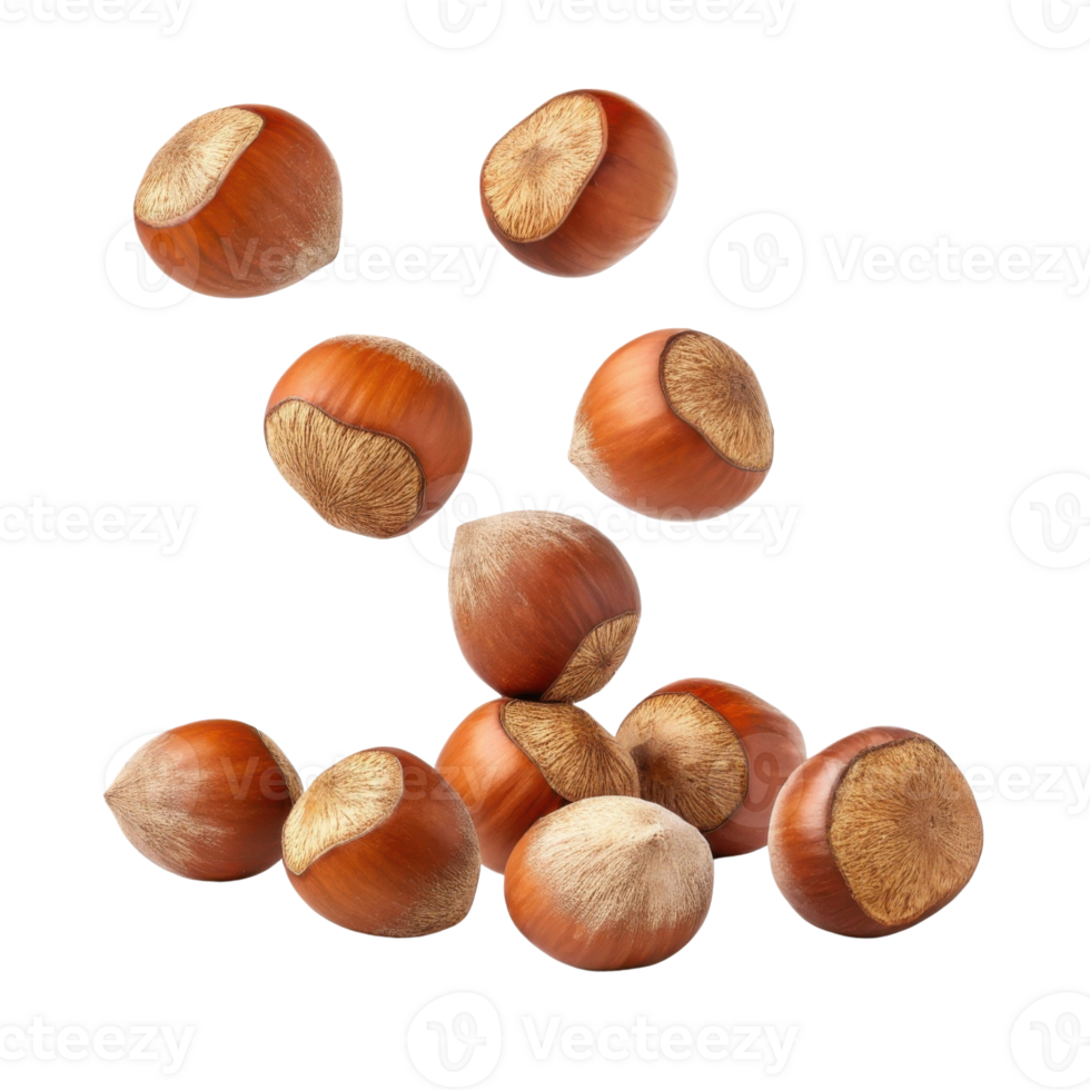 Hazelnuts falling in dynamic arrangement, showcasing their rich brown color and textured shells, creating lively and natural scene png