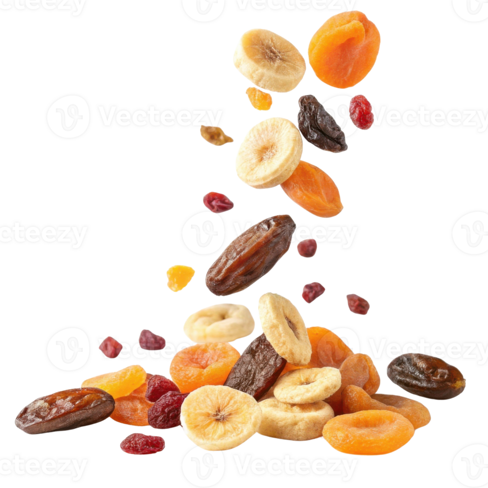 Dried fruits including apricots, bananas, and raisins create colorful and healthy snack, showcasing vibrant colors and textures png