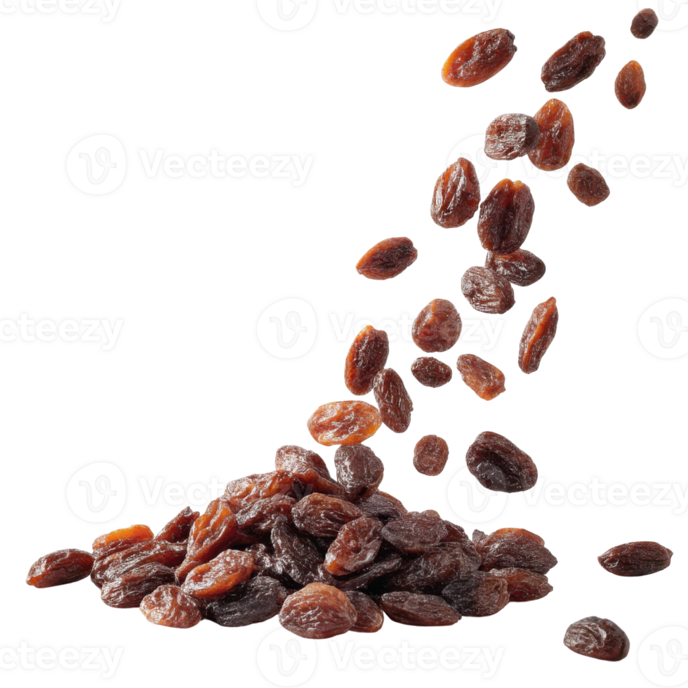 Dried raisins falling from above, creating dynamic and appetizing scene. rich brown color and texture highlight their natural sweetness and appeal png