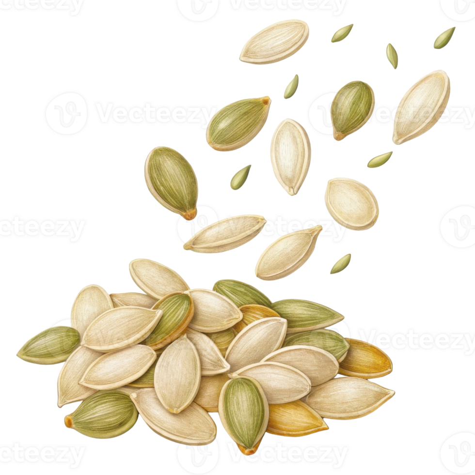 collection of pumpkin seeds various colors, some scattered, showcasing their natural texture and shape. image evokes sense of health and nutrition png