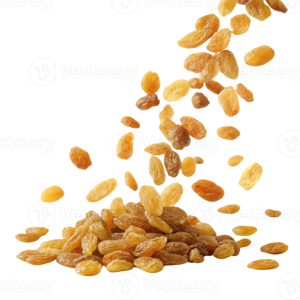 Dried fruit healthy snack golden raisins natural sweetness nutritious food organic ingredients falling raisins isolated background png