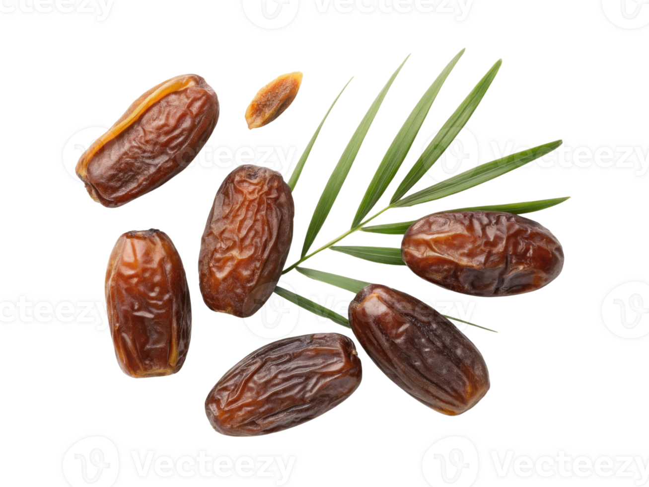 collection of fresh dates with green palm leaves, showcasing their rich texture and natural sweetness, perfect for healthy snacking png