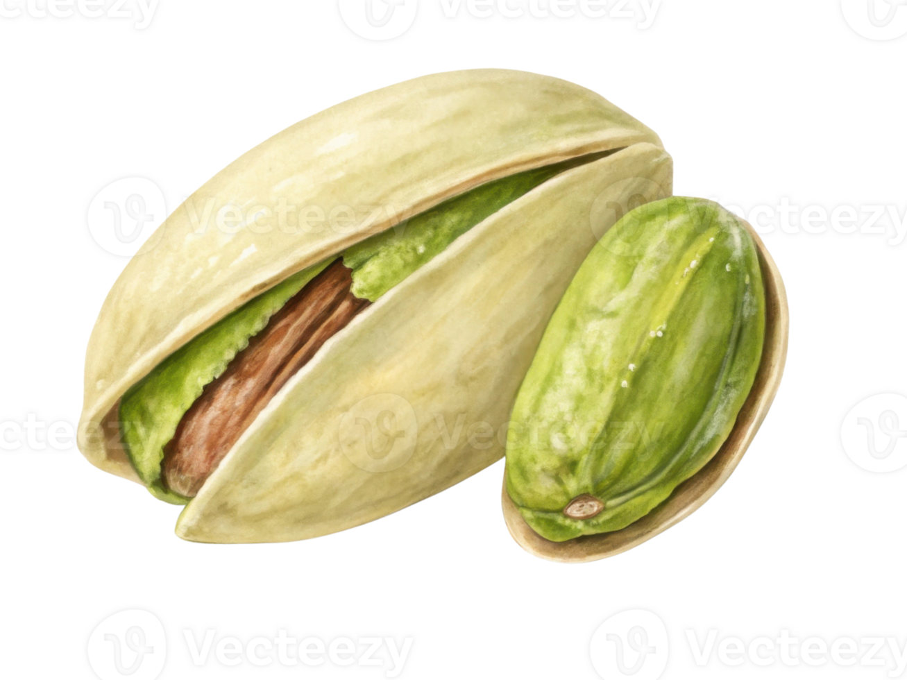 Pistachio nuts in their shells, showcasing vibrant green kernels and beige shells, evoke sense of freshness and natural beauty png