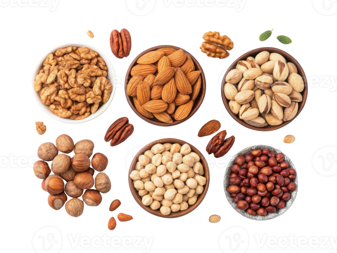 Nuts assortment in bowls, including almonds, walnuts, pistachios, hazelnuts, and pecans, showcasing healthy snack option png
