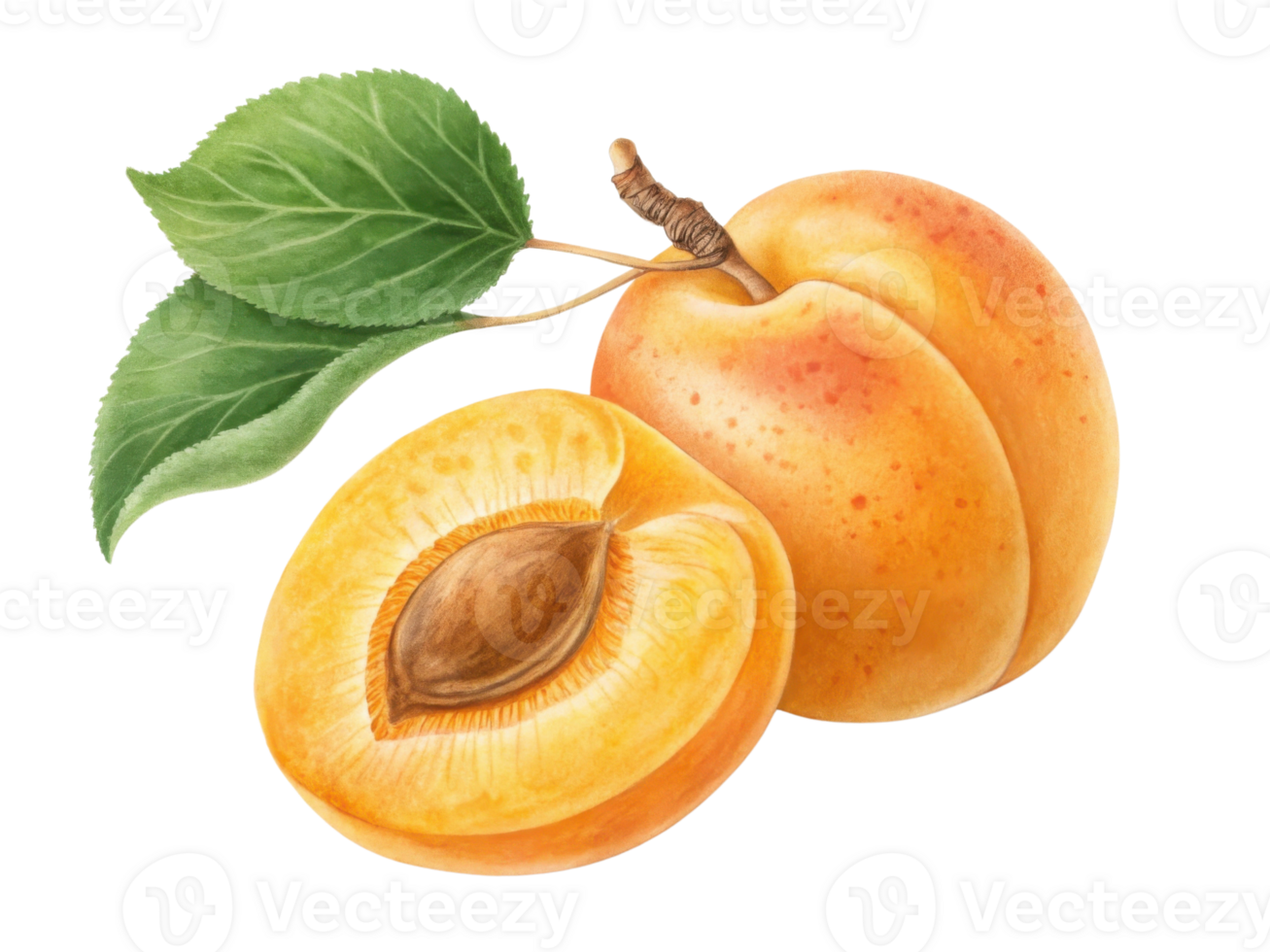 Fresh apricot with vibrant orange color and green leaf, showcasing its juicy interior and seed, evokes sense of summer delight png