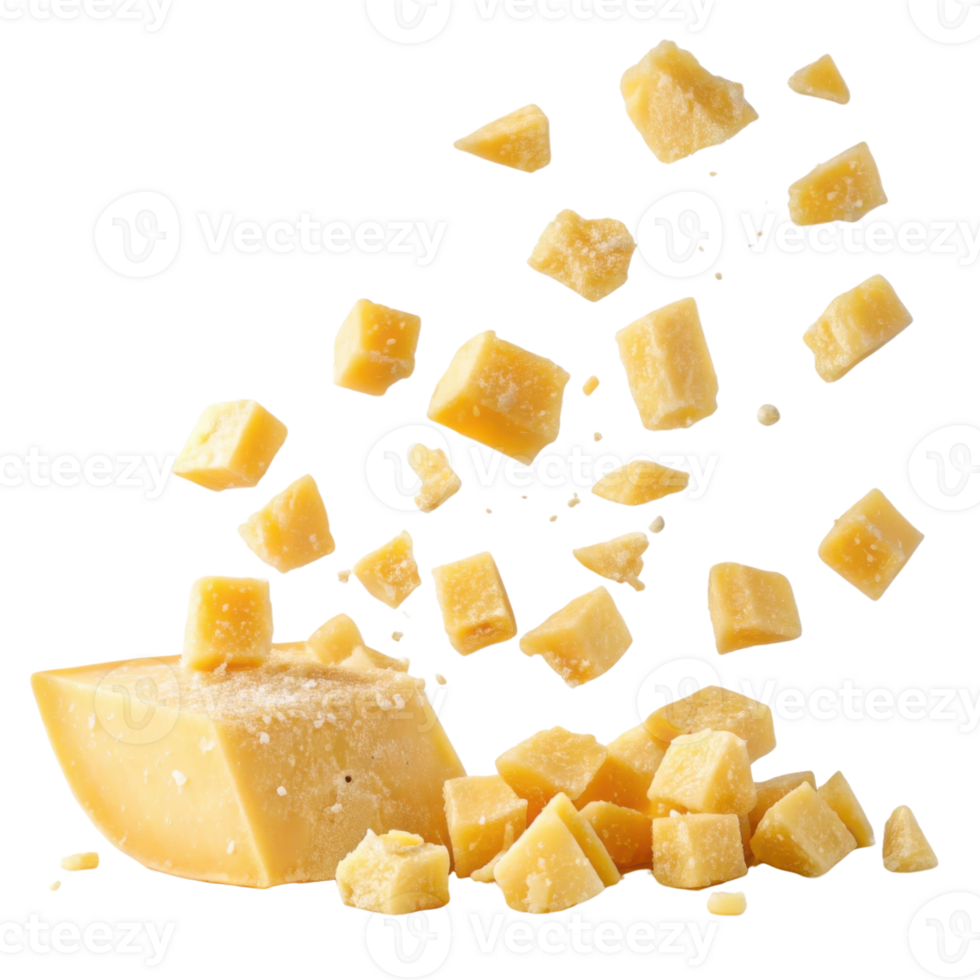Delicious cheese pieces are flying through air creating delightful scene that showcases texture and richness of this dairy product png
