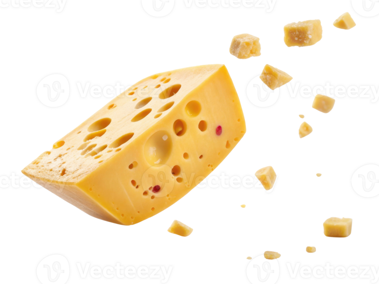 delicious cheese block with holes is captured mid air, showcasing its texture and flavor as small pieces scatter around it png