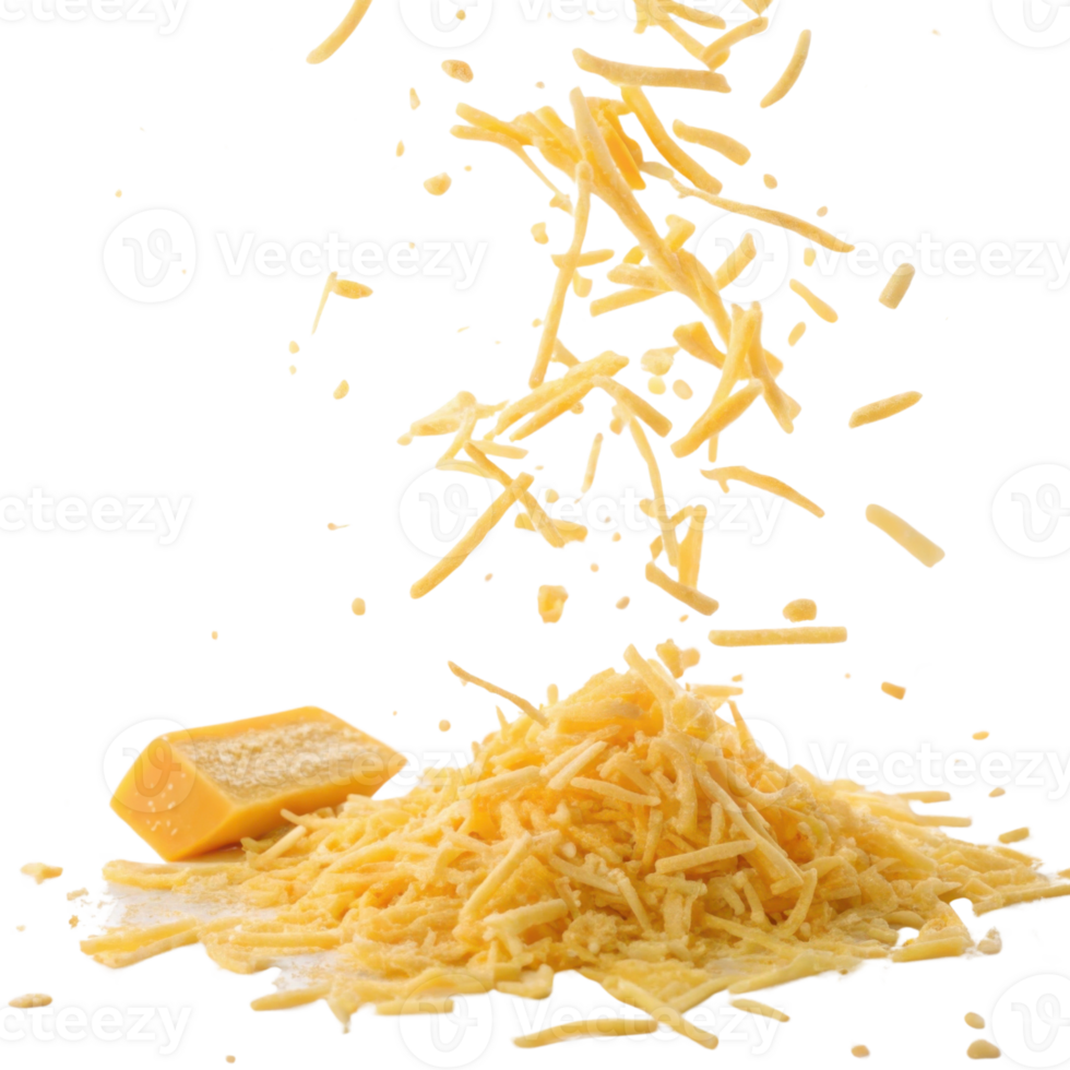 Grated cheese falls gracefully onto mound, showcasing its rich texture and vibrant color, perfect for enhancing any dish png