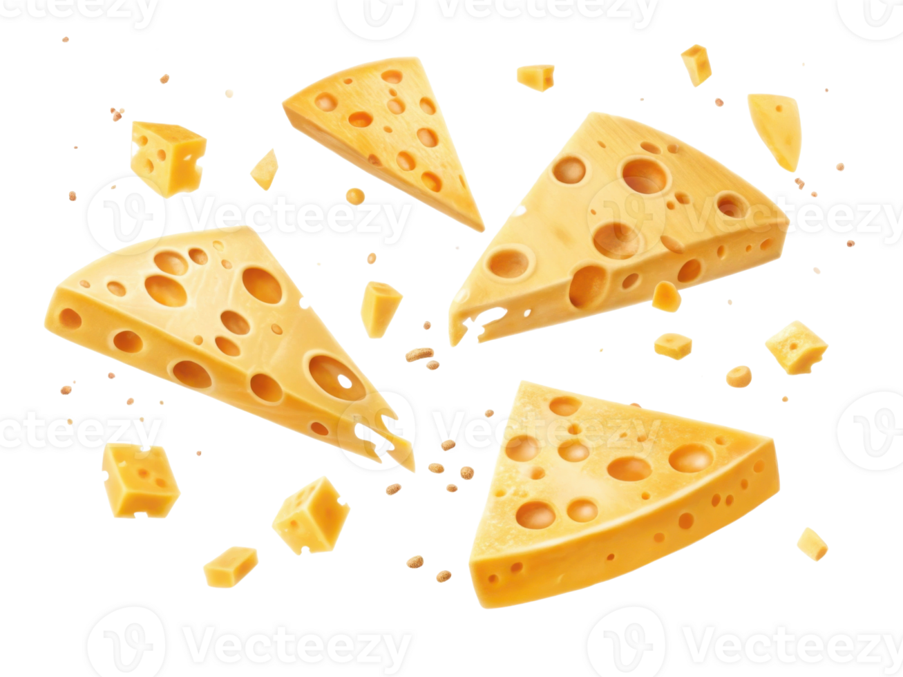 Delicious cheese pieces scattered around create delightful scene that showcases rich texture and flavor of this beloved dairy product png