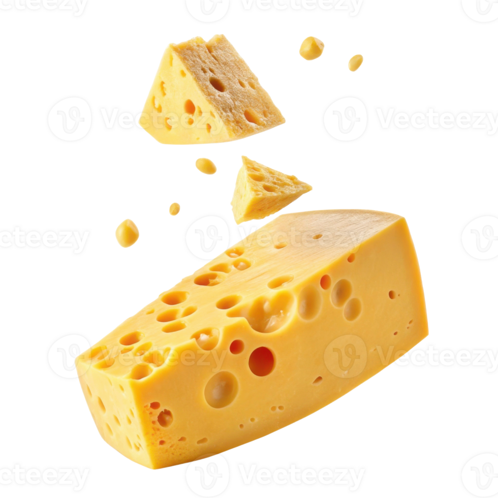 Delicious cheese pieces float in air showcasing their unique holes and textures, perfect for culinary delights and snacking png