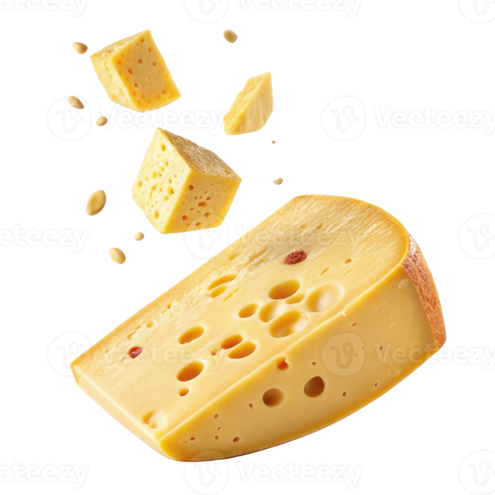 Delicious cheese pieces float above wedge of cheese showcasing its texture and holes, perfect for culinary delights png