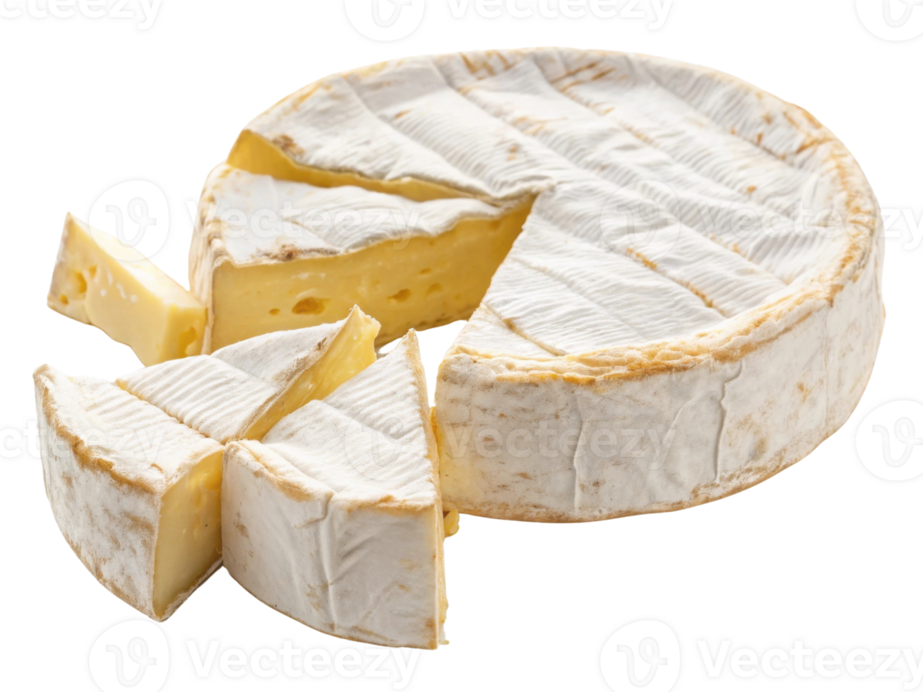 Creamy cheese with soft white rind is cut into wedges, showcasing its rich yellow interior, perfect for gourmet platters png