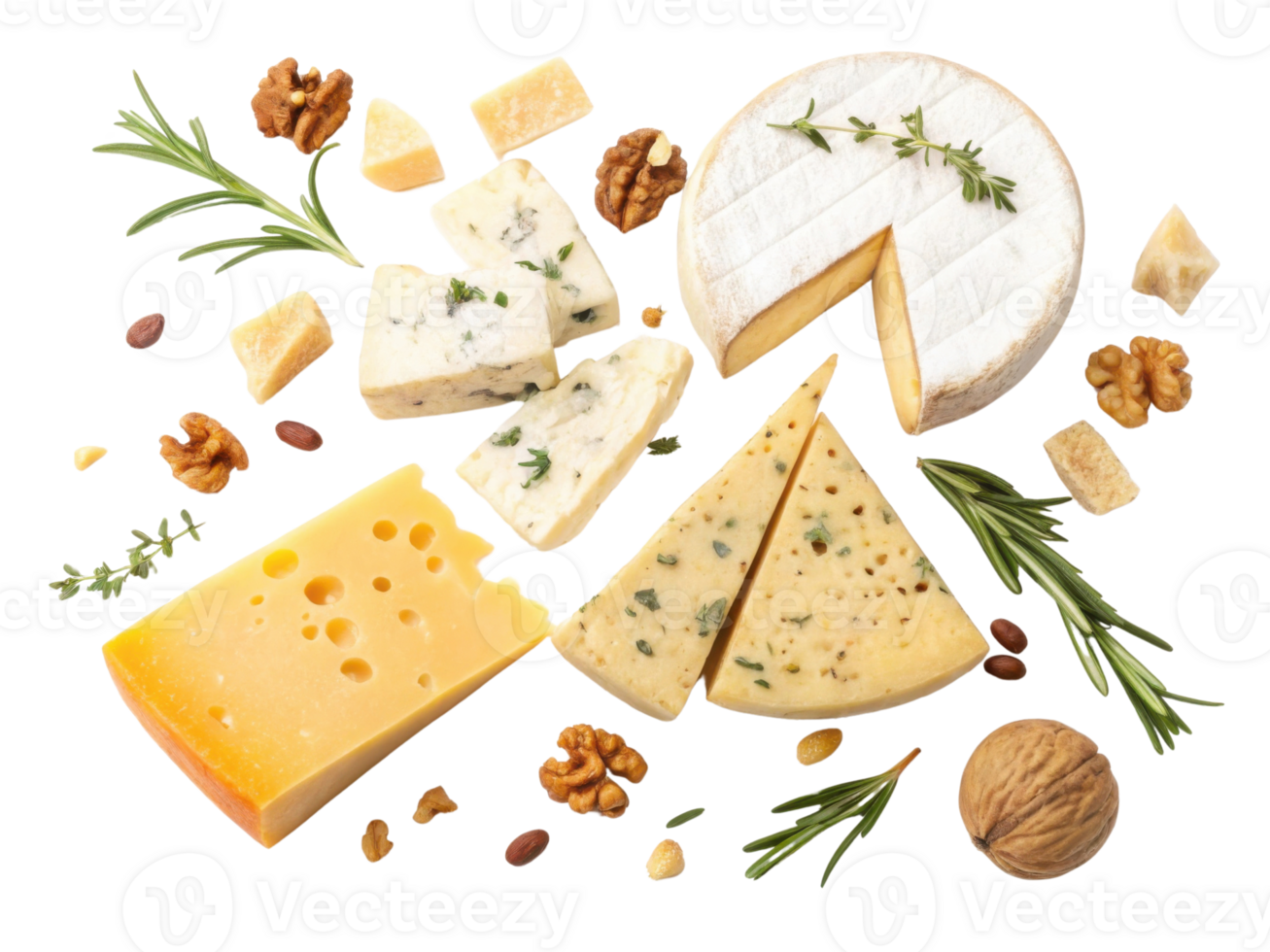 Delight in variety of cheese including creamy brie and sharp cheddar surrounded by herbs and nuts creating gourmet experience png