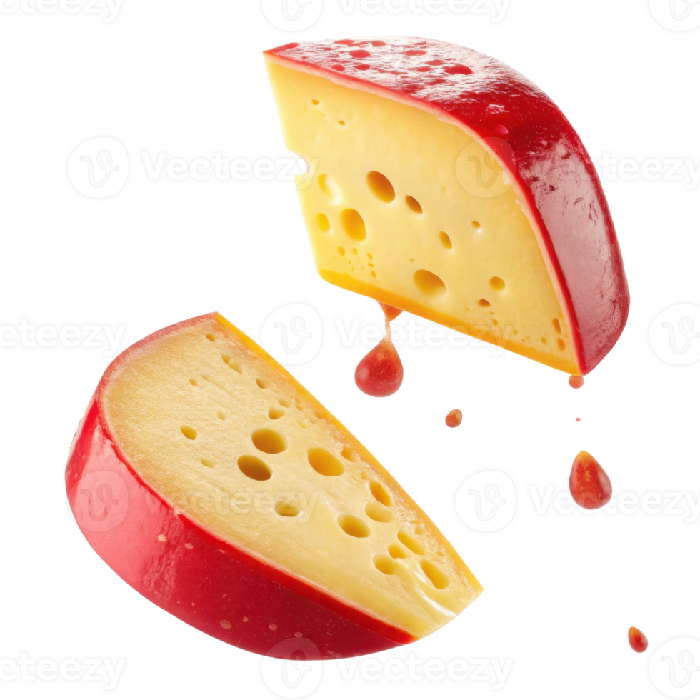 Delicious cheese with vibrant red rind showcases its creamy texture and holes, perfect for snacking or adding to dishes png
