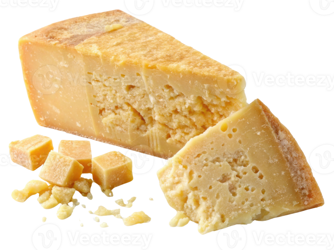 Delicious cheese is displayed with wedge and cubes showcasing its rich texture and flavor, perfect for any culinary delight png