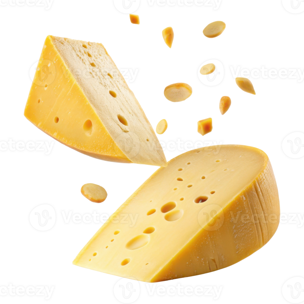 Delicious cheese pieces are floating in air showcasing their rich texture and flavor, perfect for any culinary delight png