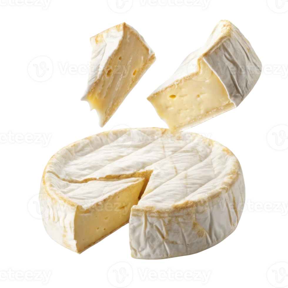 Creamy cheese wheel with slices cut out, showcasing its rich texture and flavor. Perfect for gourmet dishes or cheese platters png