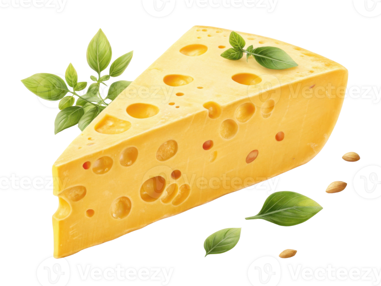 delicious piece of cheese with holes is surrounded by fresh green leaves, showcasing its rich texture and inviting color png