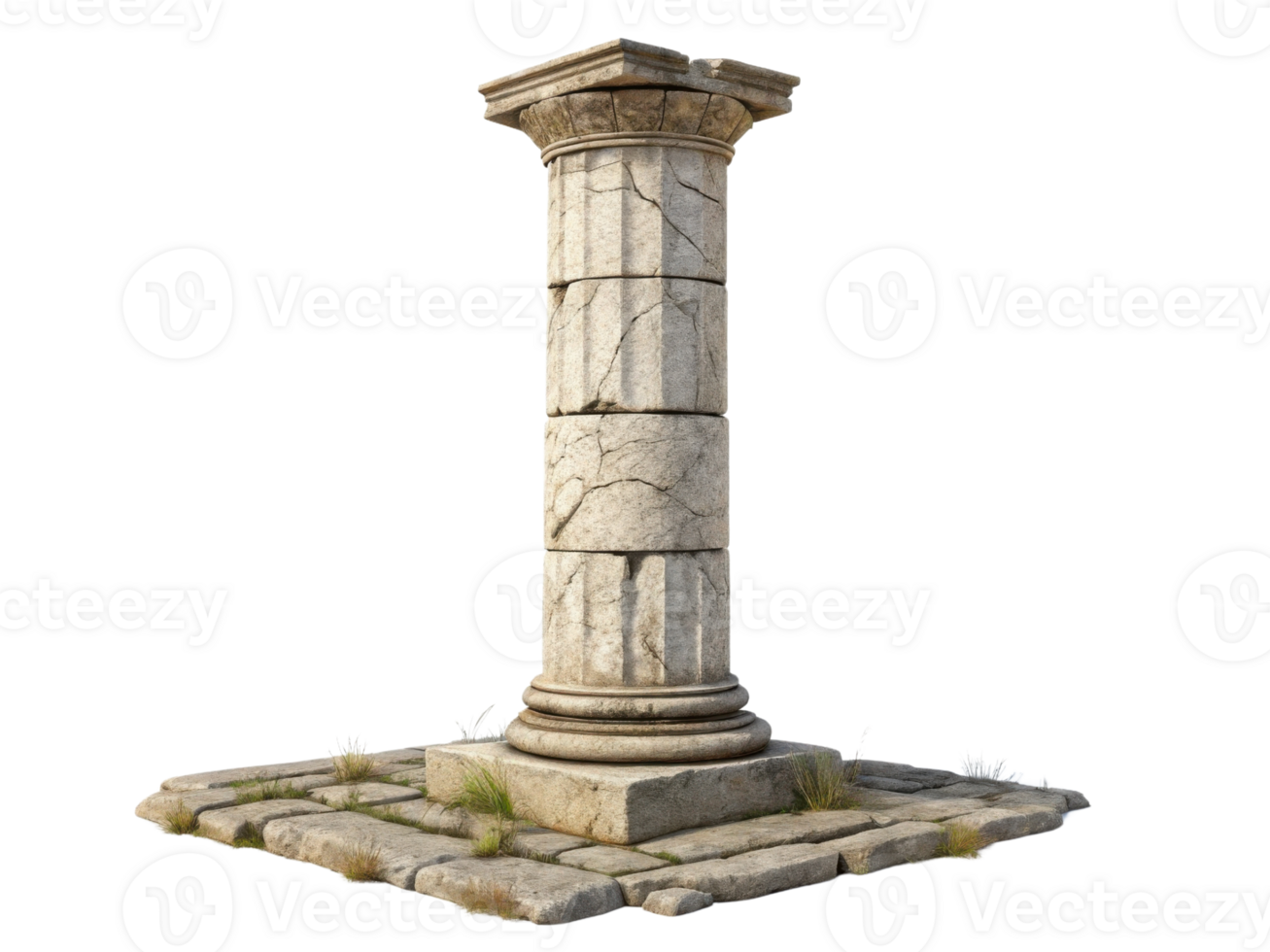 Ancient stone pillar stands tall on weathered base surrounded by grass, showcasing intricate details and historical charm png