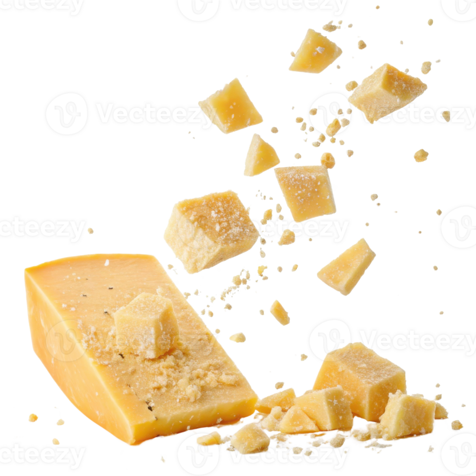 Delicious cheese pieces fall gracefully from block of cheese creating delightful scene that showcases texture and flavor of this dairy product png