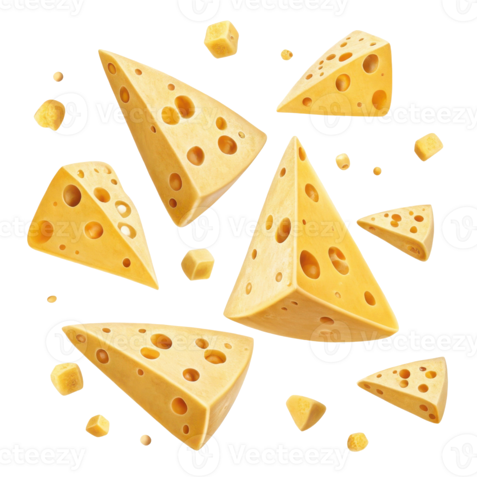 Delicious cheese pieces in various shapes and sizes create delightful visual feast that showcases their unique textures and colors png