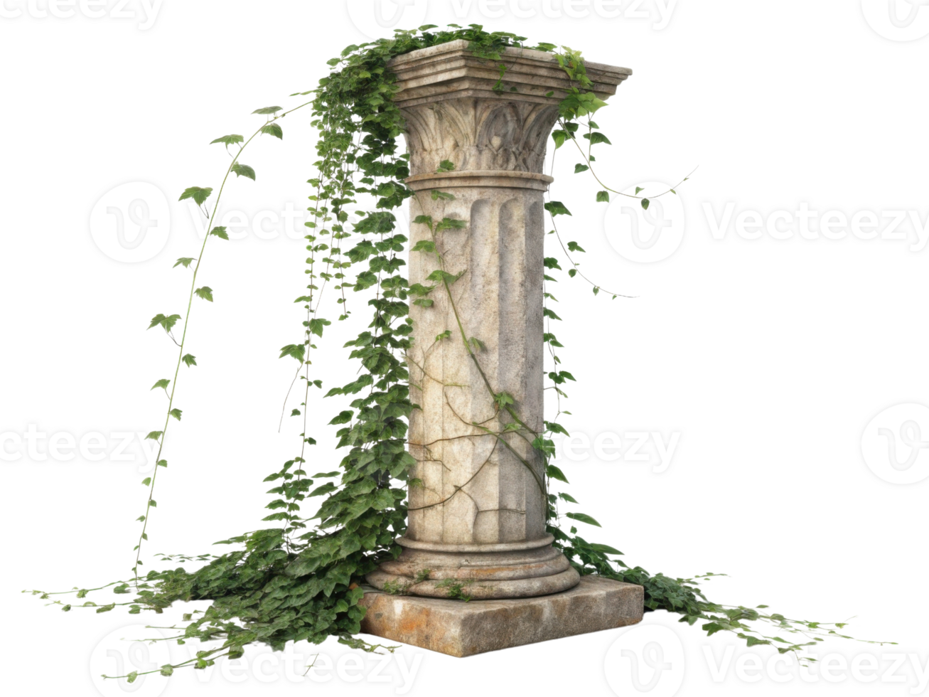 weathered pillar adorned with lush green ivy creates serene atmosphere, showcasing nature beauty intertwined with architecture png