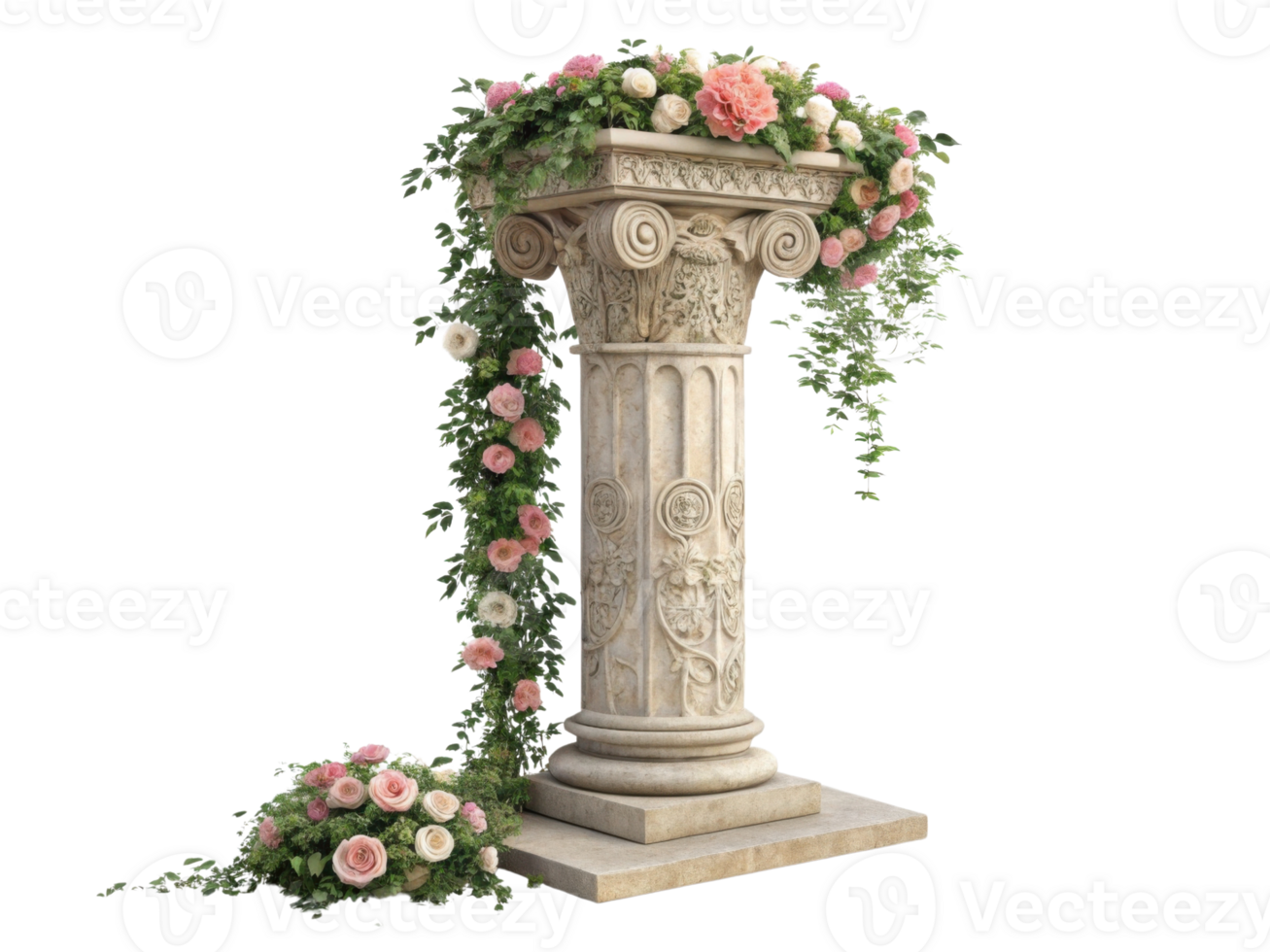 beautifully adorned pillar stands tall, draped in lush greenery and vibrant flowers, creating romantic and enchanting atmosphere png