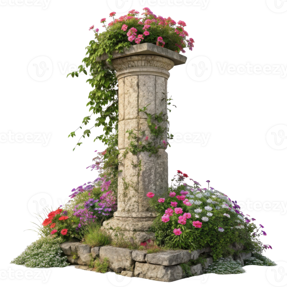 beautiful stone pillar adorned with vibrant flowers creates stunning focal point any garden. lush greenery and colorful blooms enhance natural png