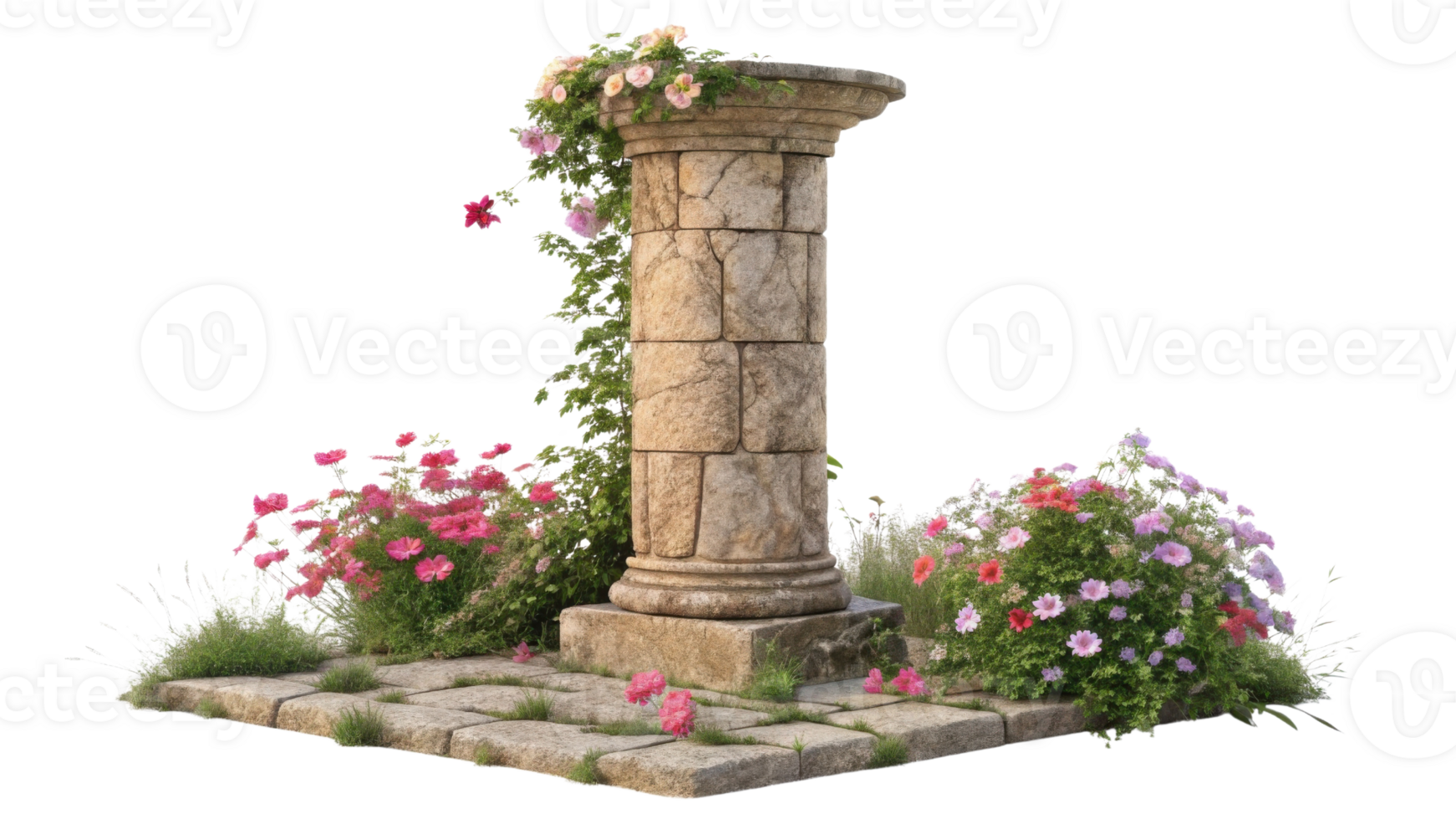 beautiful stone pillar surrounded by vibrant flowers creates serene garden scene that invites tranquility and reflection png