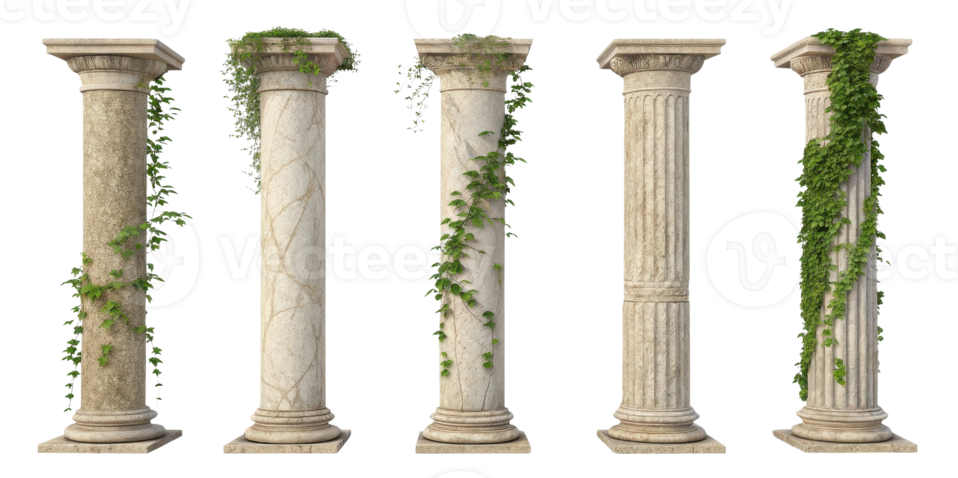 Ancient pillars adorned with lush green vines create stunning visual of nature and architecture. These structures evoke sense of history png