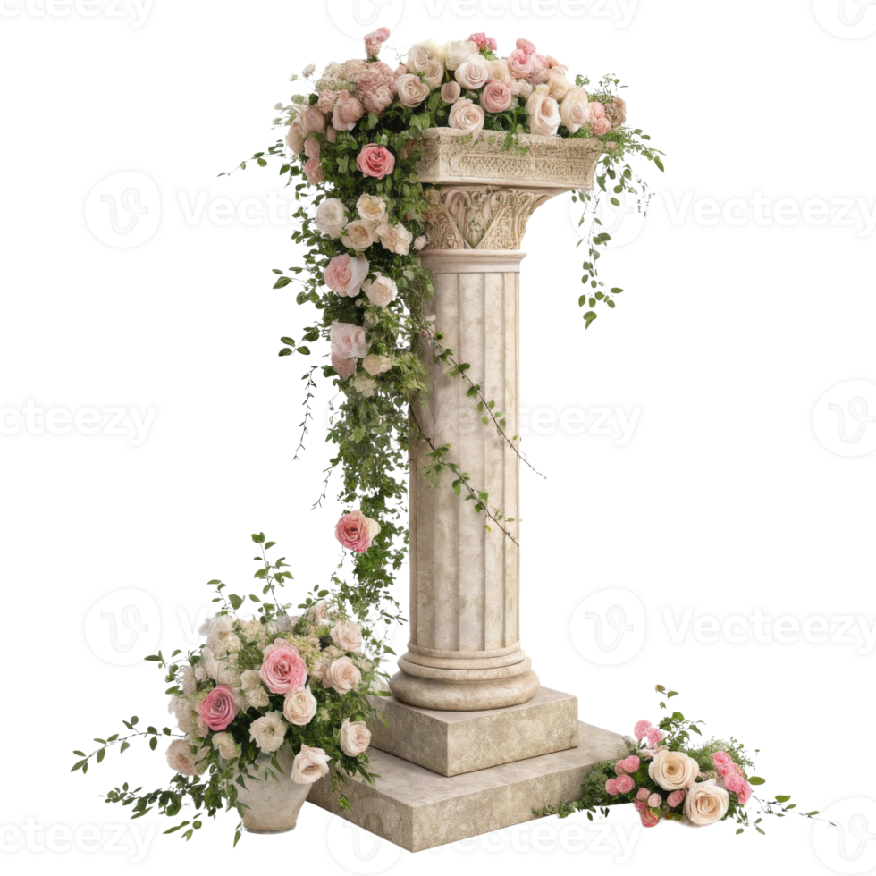 beautiful pillar adorned with lush flowers creates romantic atmosphere perfect for any event. elegant design enhances charm of setting png
