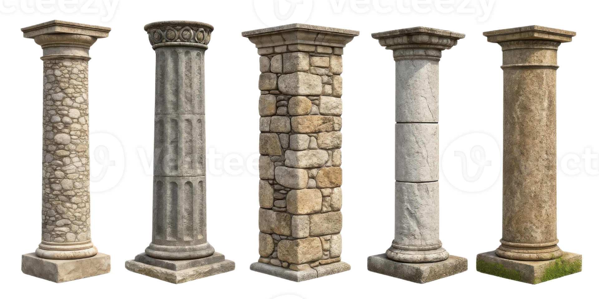 Ancient pillars showcase diverse architectural styles and textures, each telling story of history and craftsmanship png