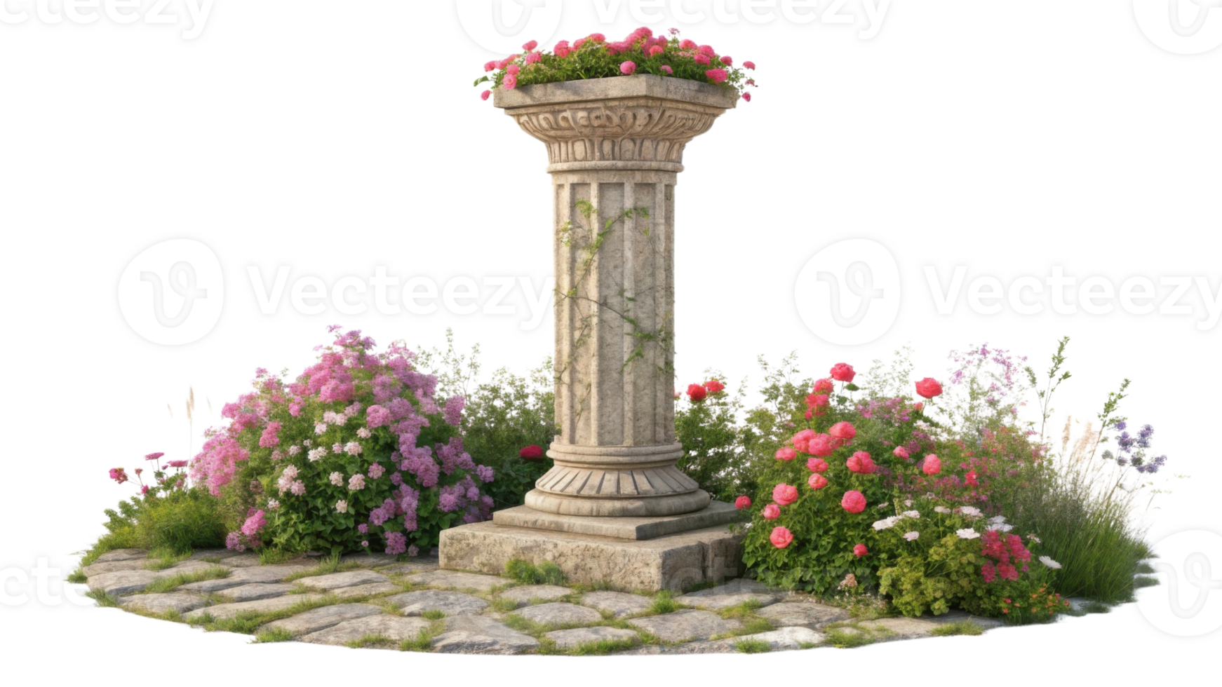 beautiful stone pillar surrounded by vibrant flowers creates serene garden scene that invites tranquility and peace png