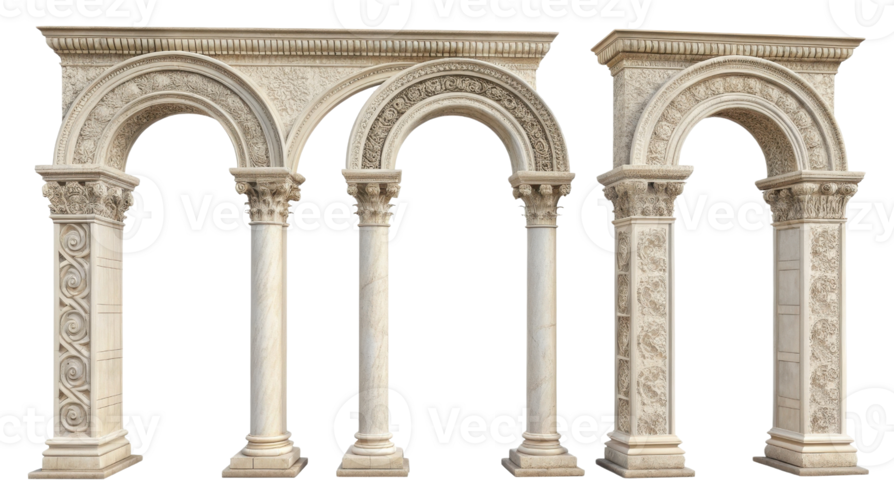 Elegant architectural pillars showcase intricate designs and arches, creating stunning visual centerpiece that enhances any space png