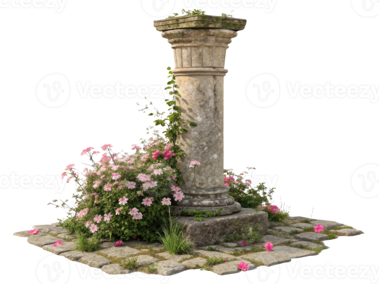 beautiful stone pillar surrounded by vibrant flowers and greenery creates serene garden scene. pillar stands tall amidst colorful blooms png