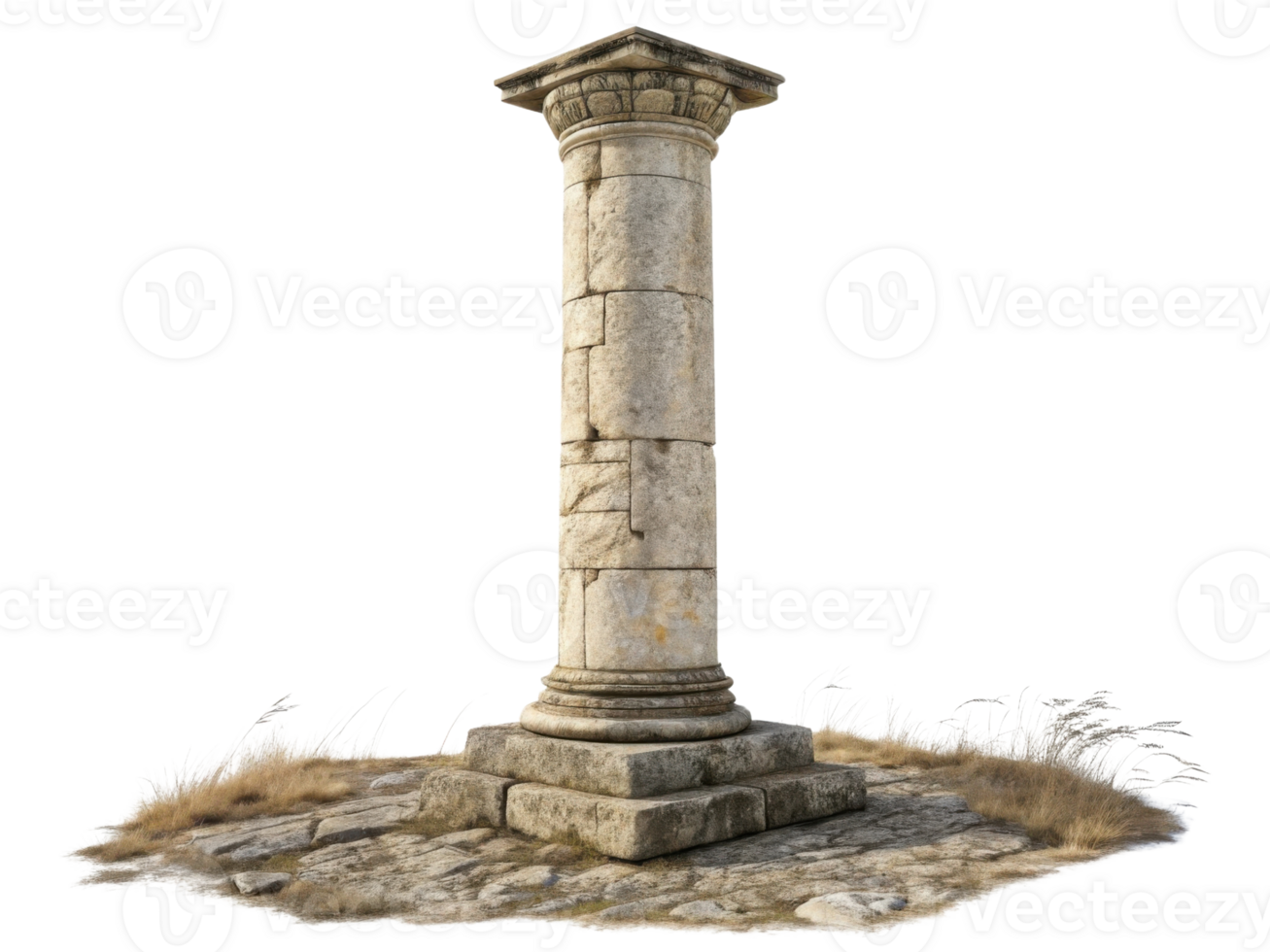 Ancient stone pillar stands tall amidst grass and rocks, showcasing its weathered beauty and historical significance png