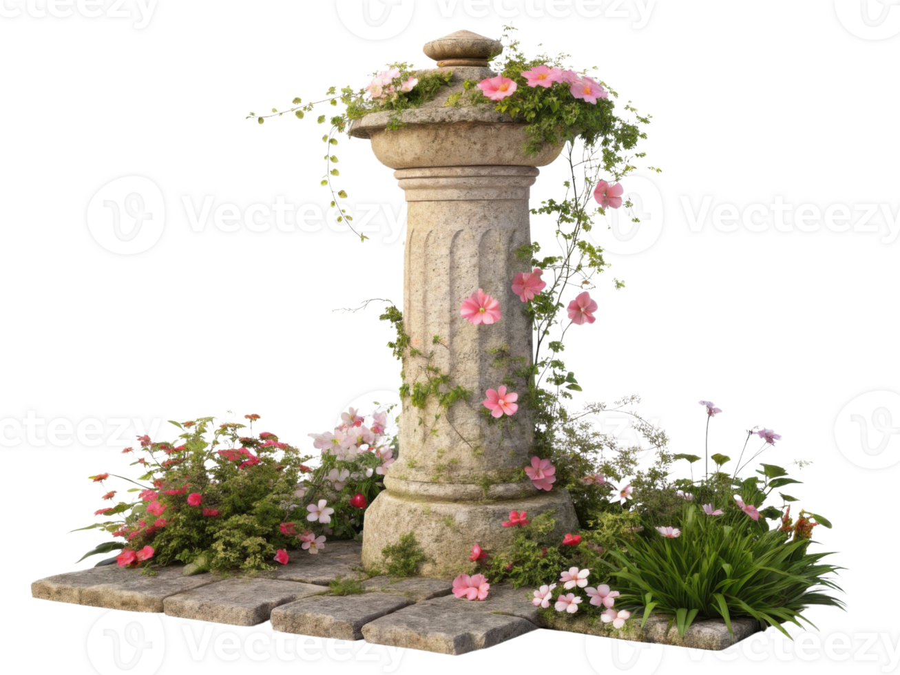 beautiful stone pillar adorned with vibrant flowers and lush greenery creates serene garden atmosphere. This charming structure enhances any png