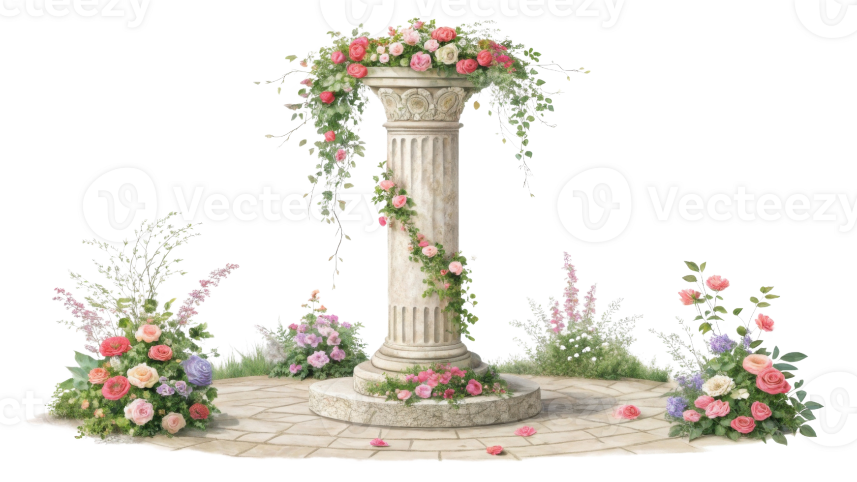 beautiful pillar adorned with vibrant flowers creates stunning focal point in serene garden setting, perfect for celebrations png
