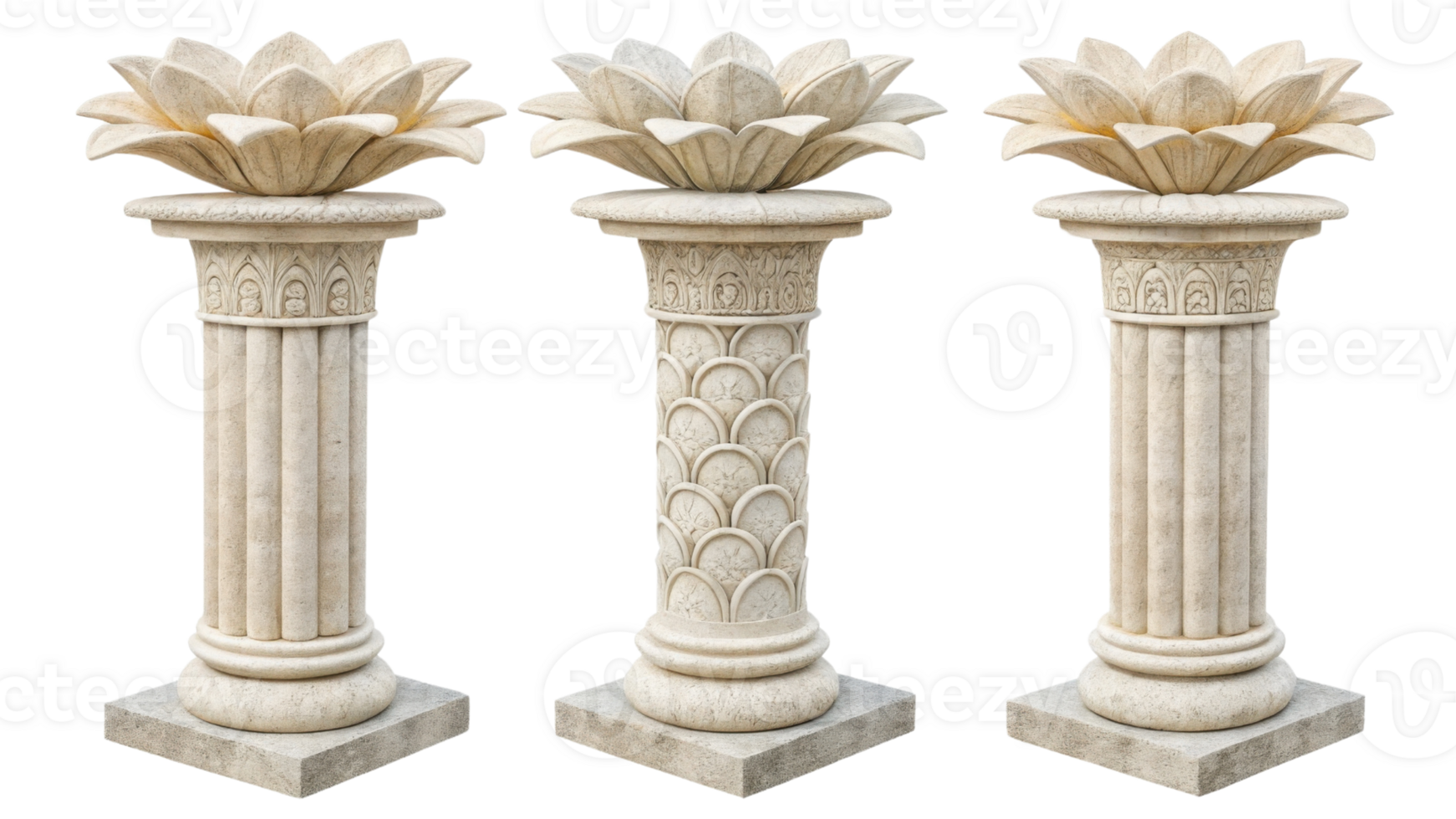 Elegant stone pillars with intricate designs and lotus flower motif top create stunning architectural feature. These pillars symbolize strength png