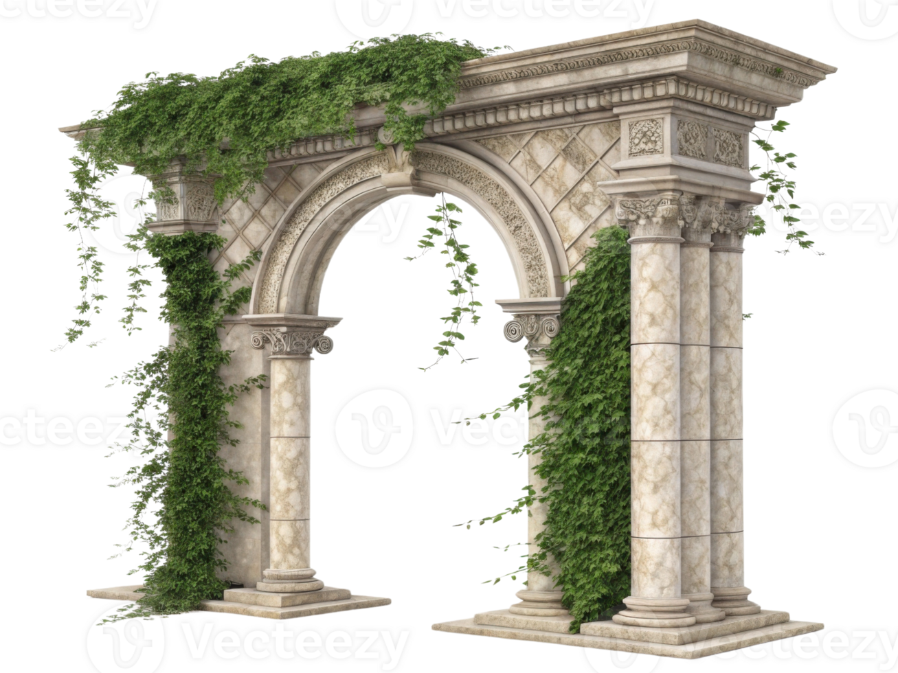 beautiful stone pillar archway adorned with lush green vines creates serene and inviting atmosphere. This architectural feature enhances any png