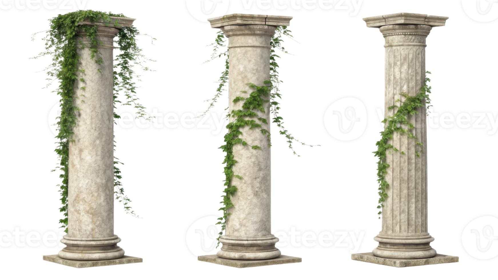 Ancient pillars adorned with lush green vines create serene atmosphere, showcasing nature beauty intertwined with classic architecture png
