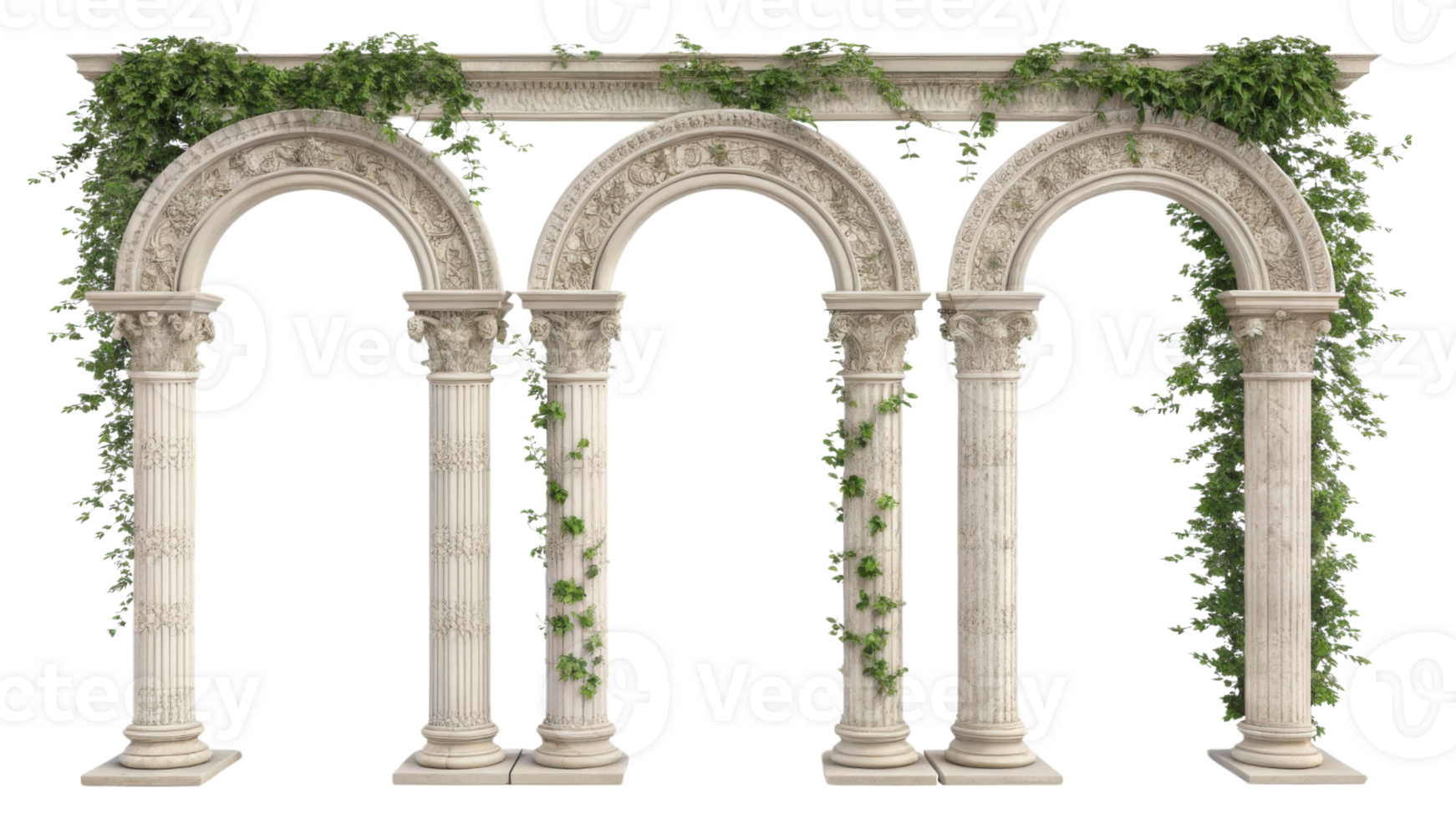 beautiful architectural pillar structure featuring four elegant arches adorned with lush green vines, creating serene and inviting atmosphere png