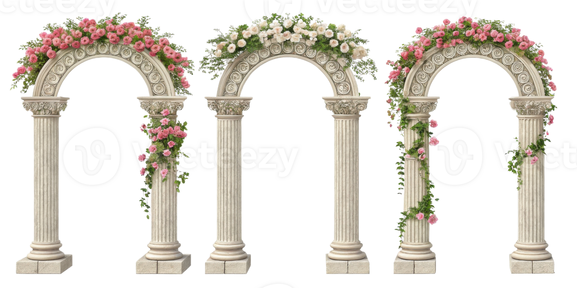 Elegant pillars adorned with vibrant flowers create stunning visual for any event. These arches serve as beautiful backdrops for weddings png